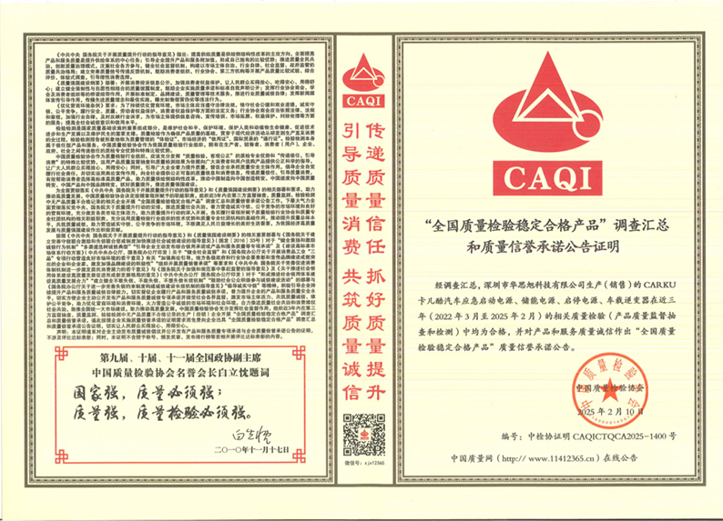 Carku Products Earn Triple Certification from China Association for Quality Inspection (CAQI)