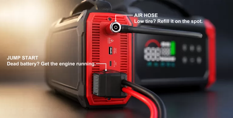 Close-up of Carku JS-632 jump starter showing the jump-start connection and the air hose port
